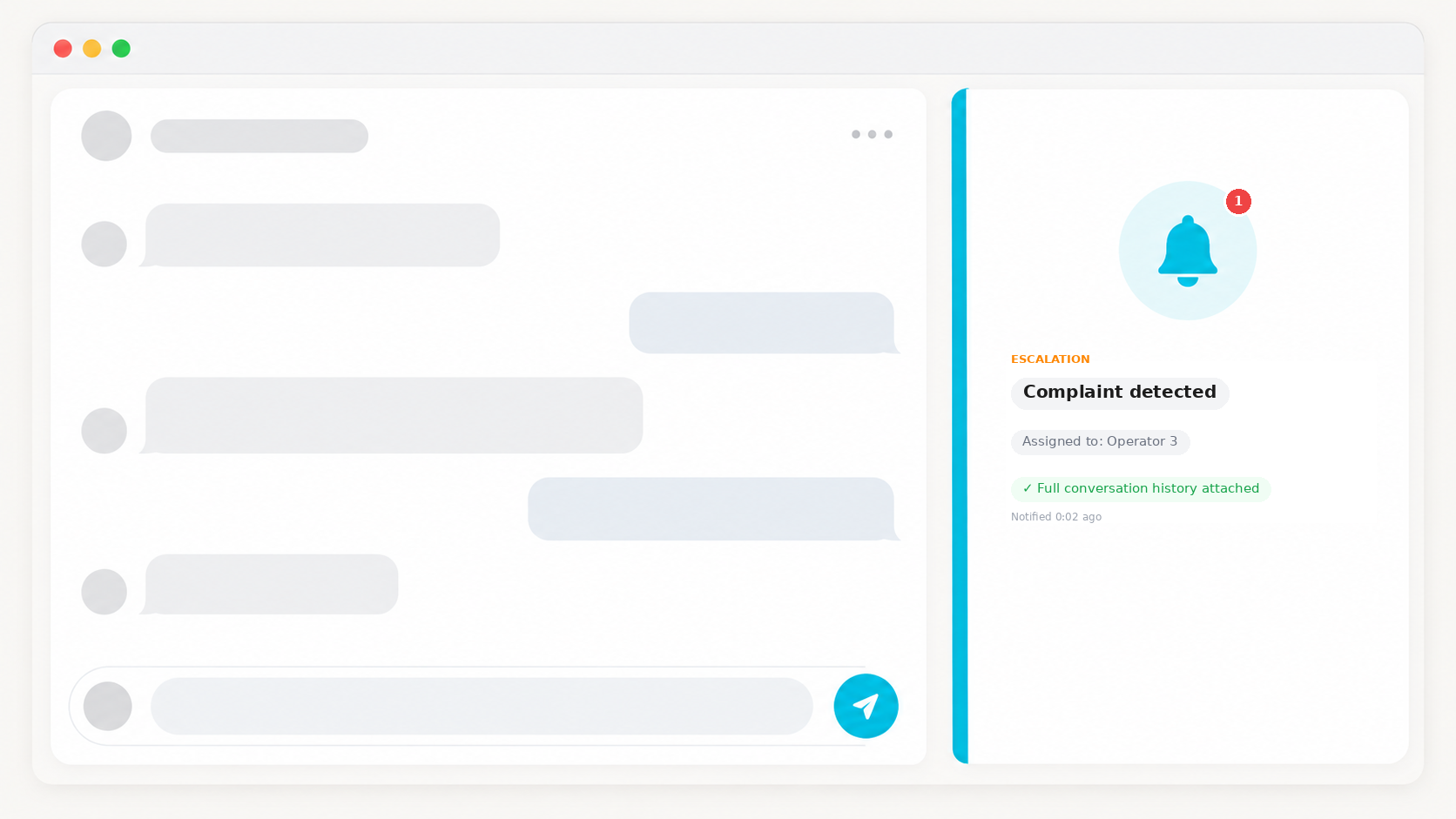 Human handoff: chat conversation escalating to an operator with full history attached